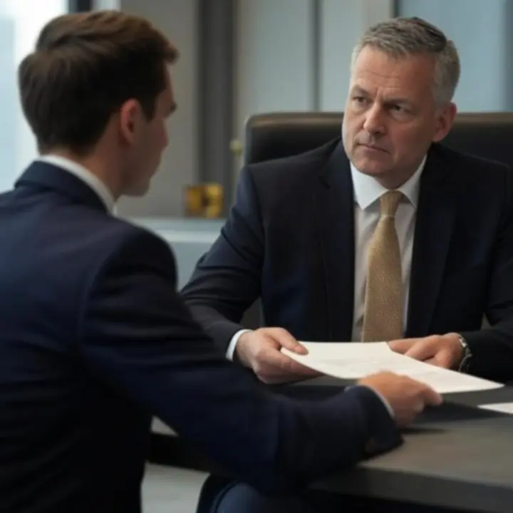 Prawnik LegalFlowCenter prowadzący poufną rozmowę z klientem w nowoczesnym biurze